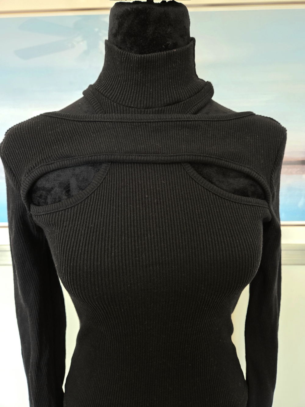 Black Ribbed Cutout Turtleneck Top